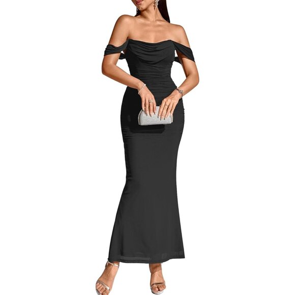 Off The Shoulder Maxi Long Dress Corset Ruched Bodycon Formal Wedding Guest Dres